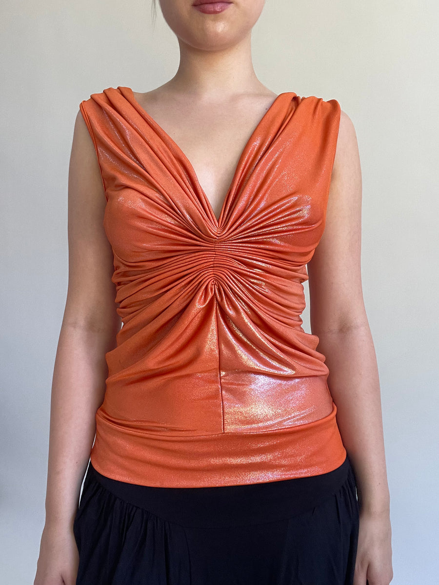 Y2K| medium orange shimmery top