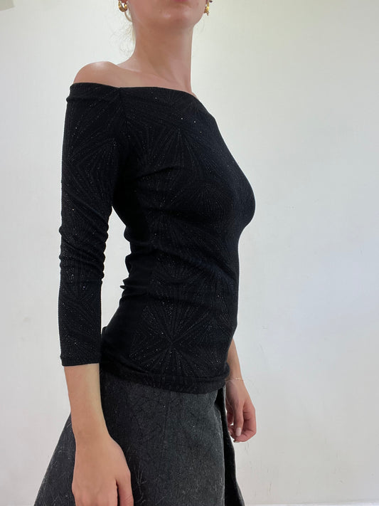 vintage edit: wedding guest | small black off the shoulder top with sparkle print