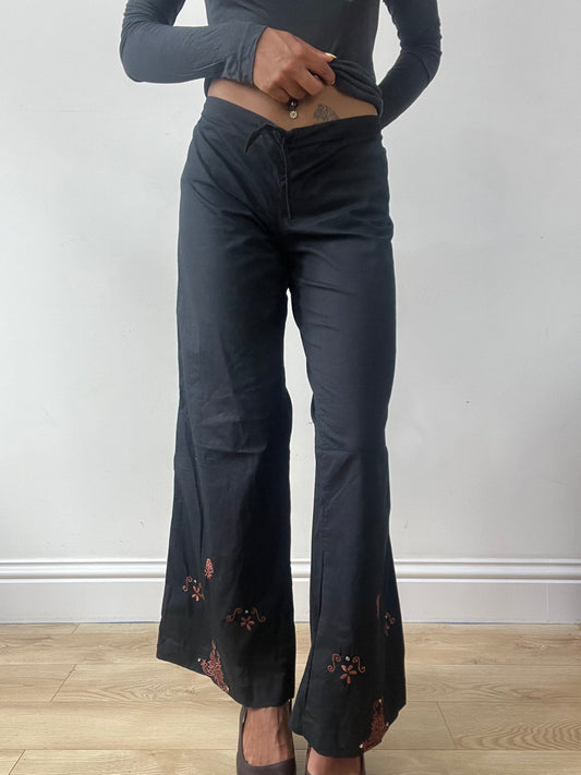 BEST PICKS | medium black wide leg trousers with orange embroidery details