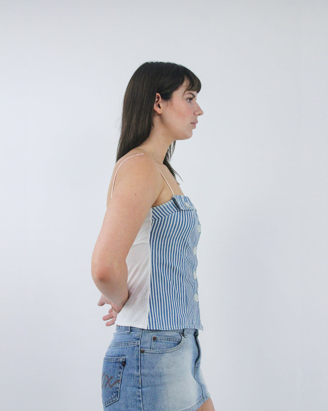 gilmore girls | medium blue pinstripe button corset top
