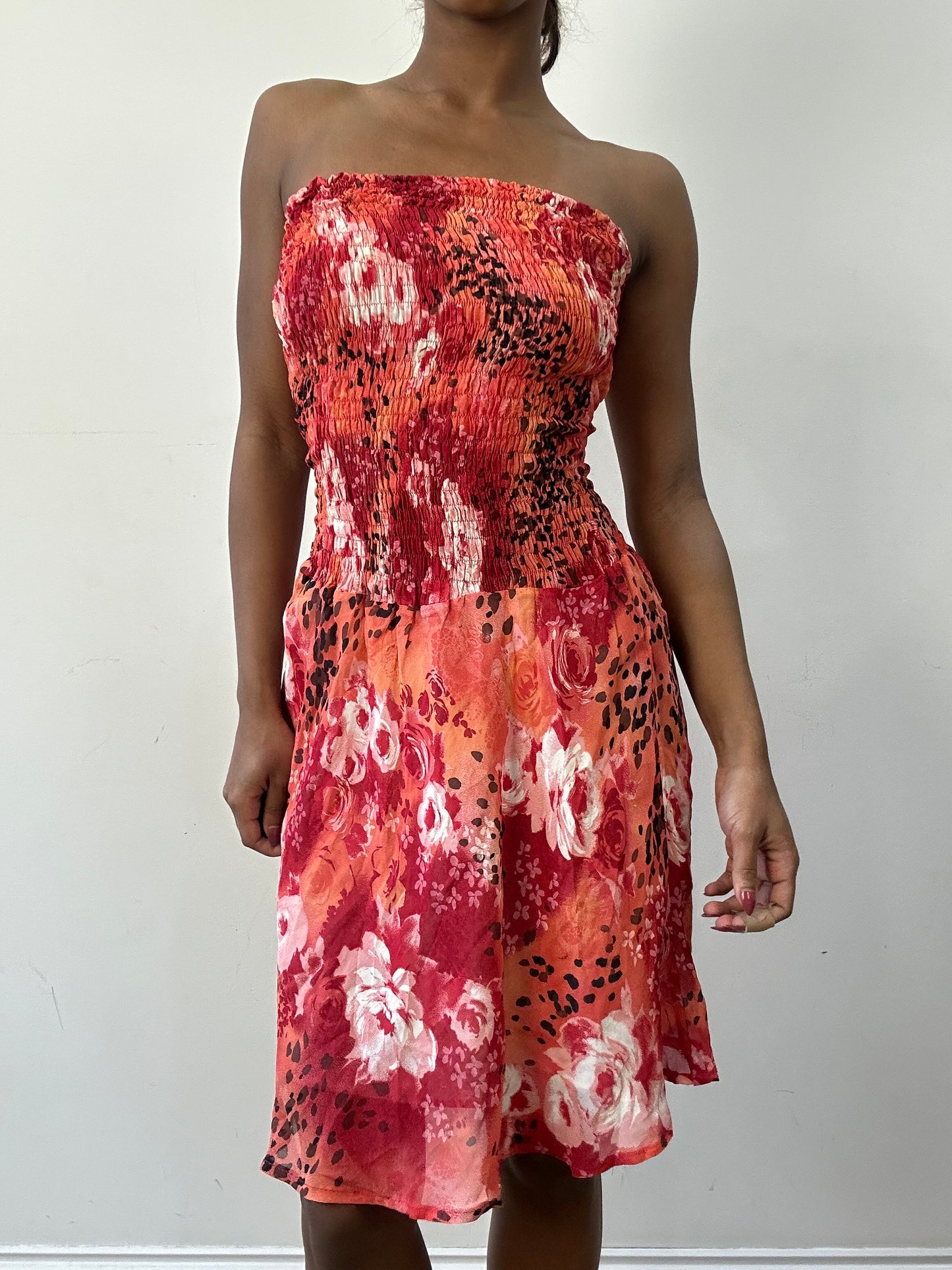 BEST PICKS | small orange and pink ruched bandeau mini dress