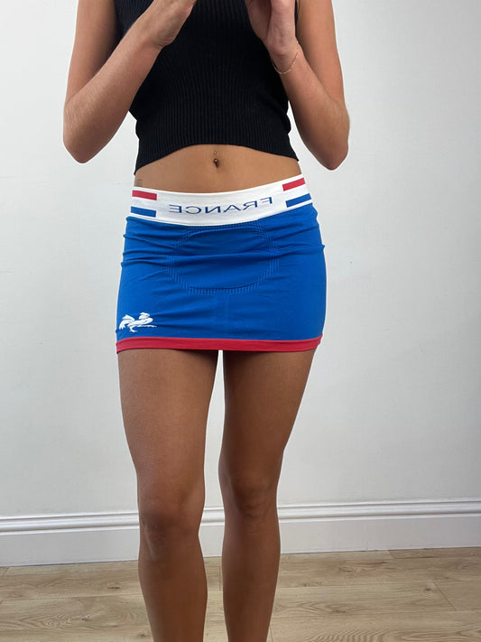 GIRLBAND DROP | small blue bodycon skirt with 'france' spellout