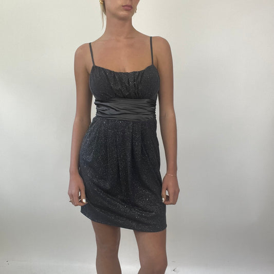 PROM SEASON DROP | small grey sparkly mini dress with tie up back and ruched bust