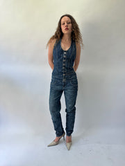 western edit | pequeno/mediano azul denim botão de cima jumpsuit