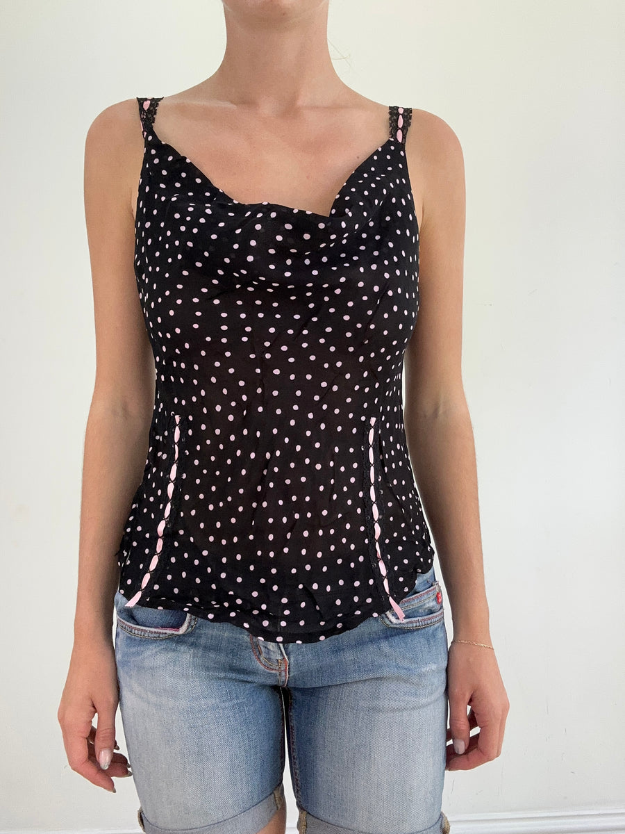 summer edit | small black mesh cami with pink polka dot print