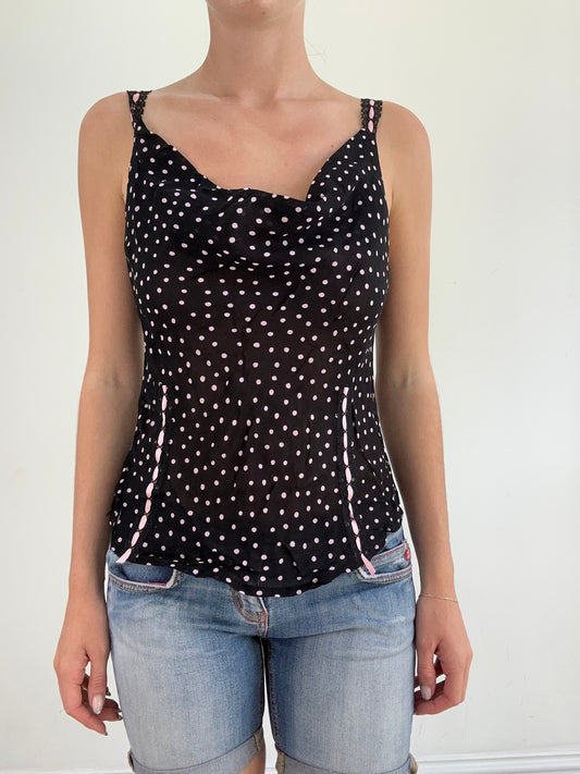 summer edit | small black mesh cami with pink polka dot print