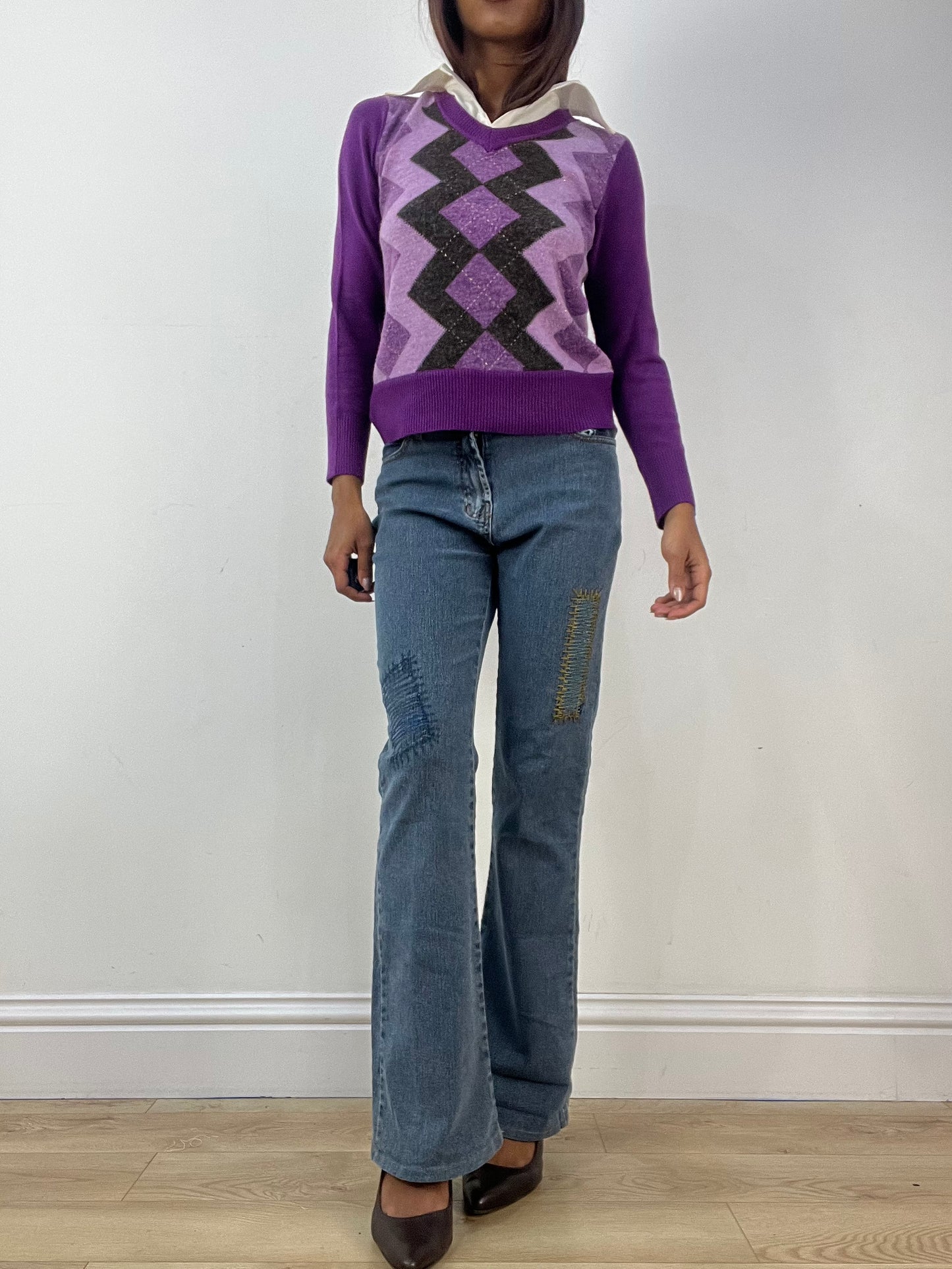 vintage edit thirty-three | small purple argyle jumper with shirt detail