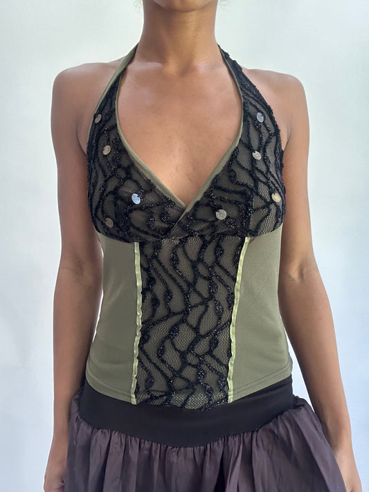 ‼️olivia rodrigo drop | small green and black halterneck top