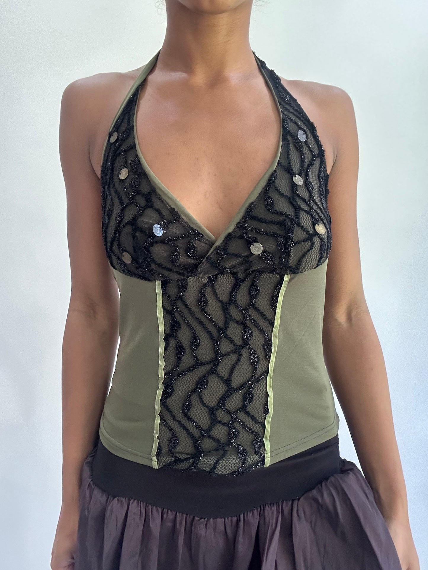 ‼️olivia rodrigo drop | small green and black halterneck top