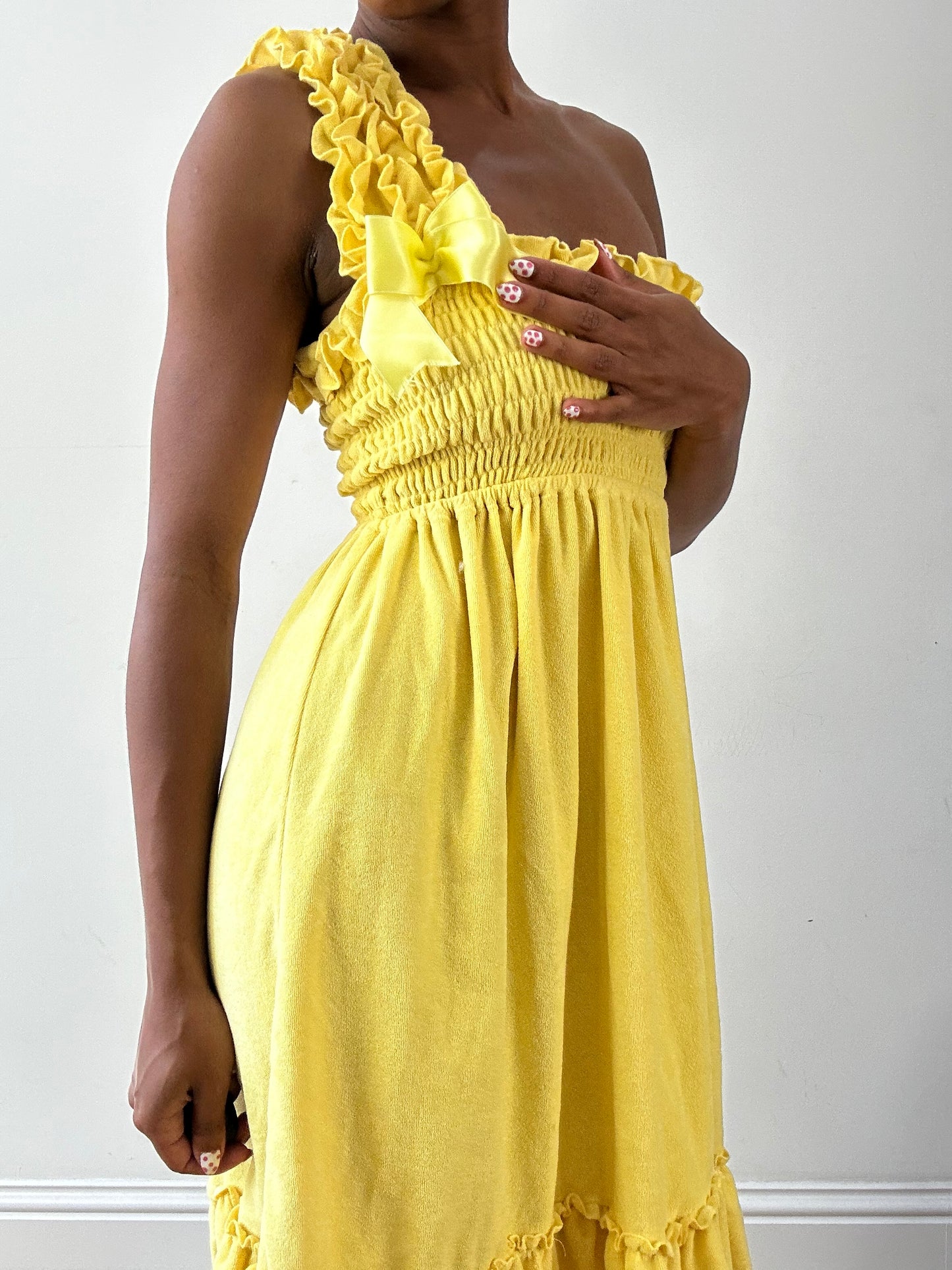 vintage edit twenty-seven | extra small yellow one shoulder towelling mini dress with ribbon detail