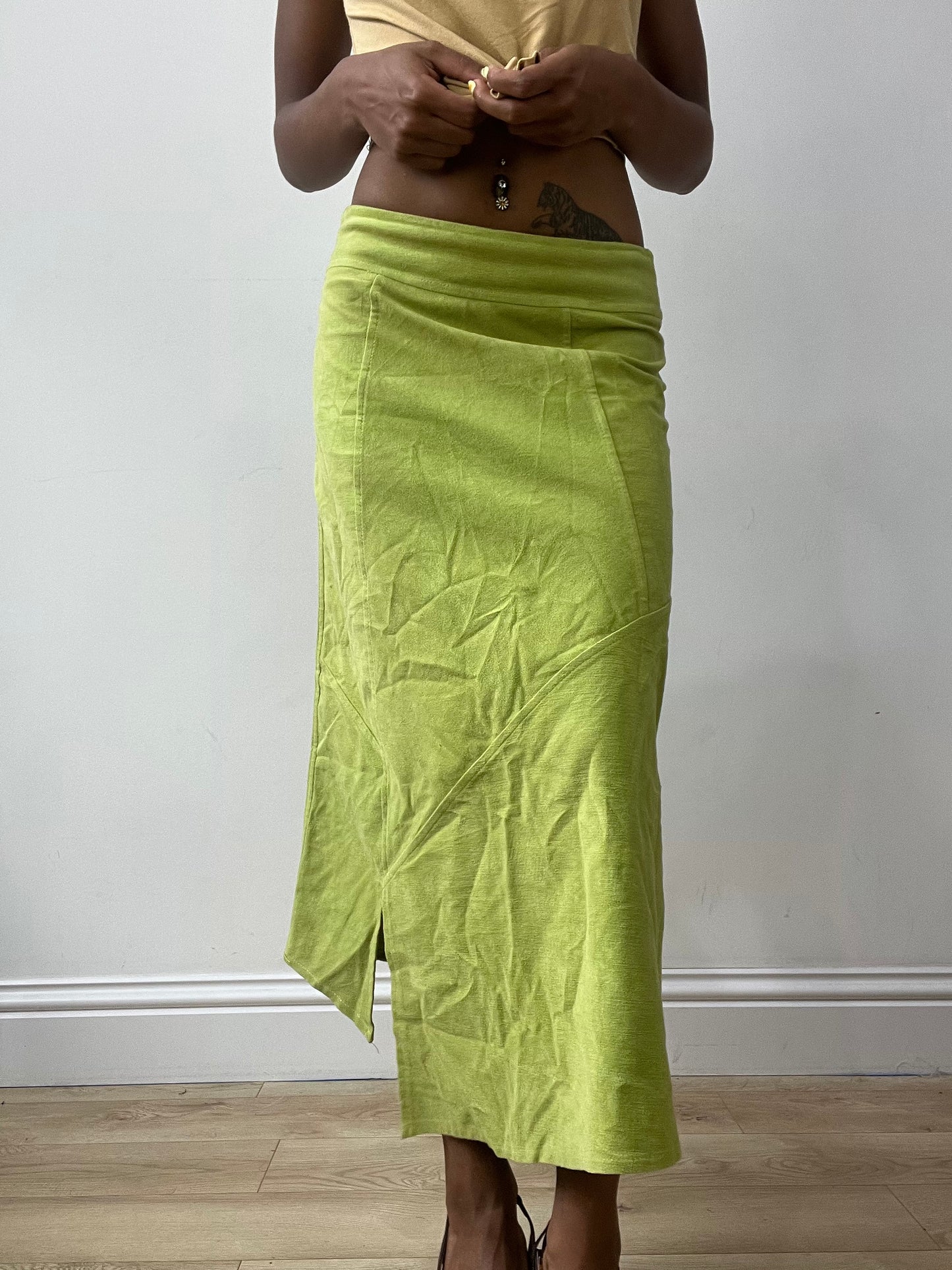 vintage edit thirty-two | small lime green suede style maxi skirt