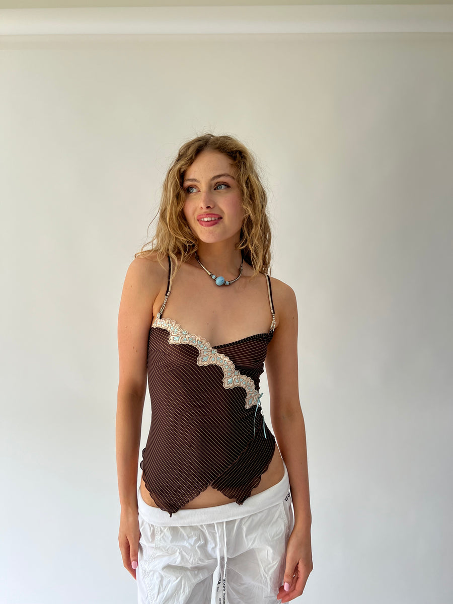 SATC drop | taille: XS · couleur: marron + bleu · article: caraco · détails: rayures tennis + transparent + broderie