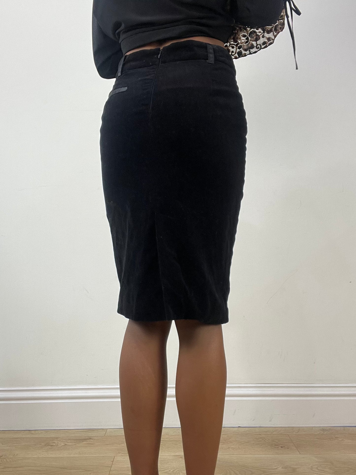 BEST PICKS | small black velvet style midi skirt with clasp detail