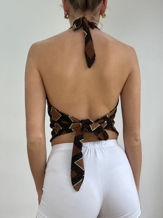 טופ בגימור מנצנץ בגזרת קולר – חום – מידה ⁨s⁩ – ⁨#339 sample sale⁩