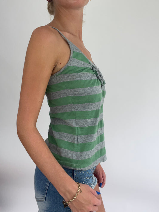 BRITISH SUMMER GIRL DROP | medium green and grey stripy cami vest with frill detail