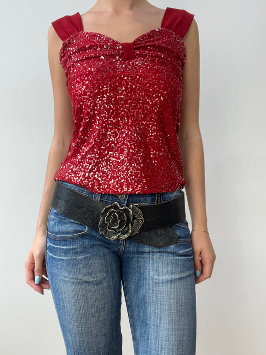 vintage edit thirty | black leather belt with rose buckle