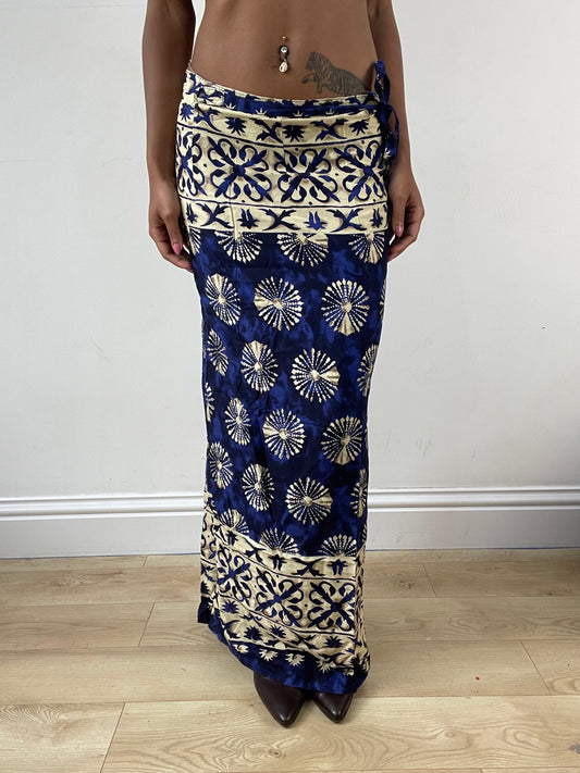 vintage edit: festival | small cream and blue wrap beach skirt with floral pattern