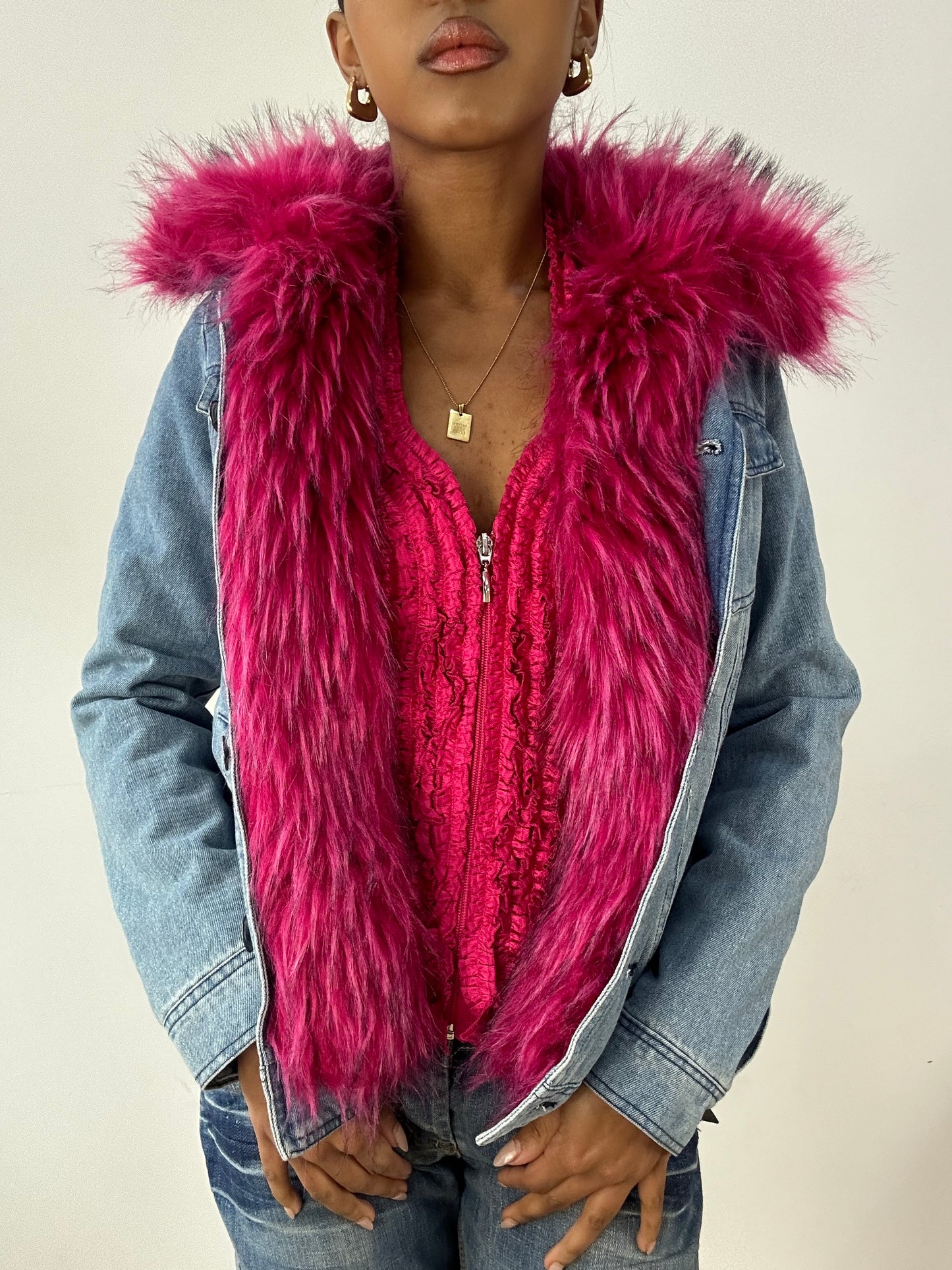 vintage edit fifteen | small denim blue and pink faux fur jacket