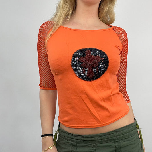 HIPPY CHIC DROP | medium orange 3/4 length sleeve top with sequin front and fishnet sleeves