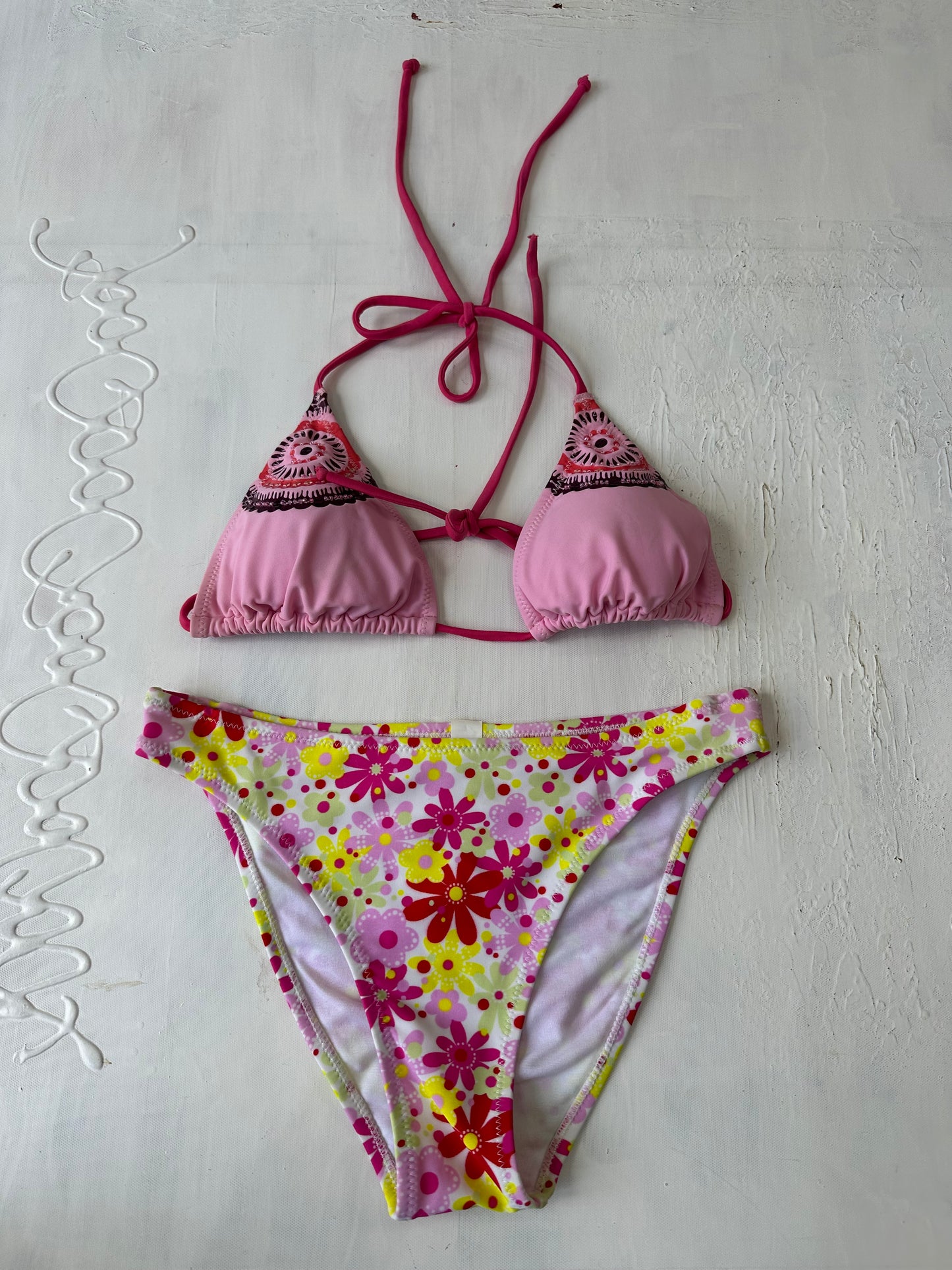 vintage edit twenty-nine | medium pink beaded bikini top and floral bottoms