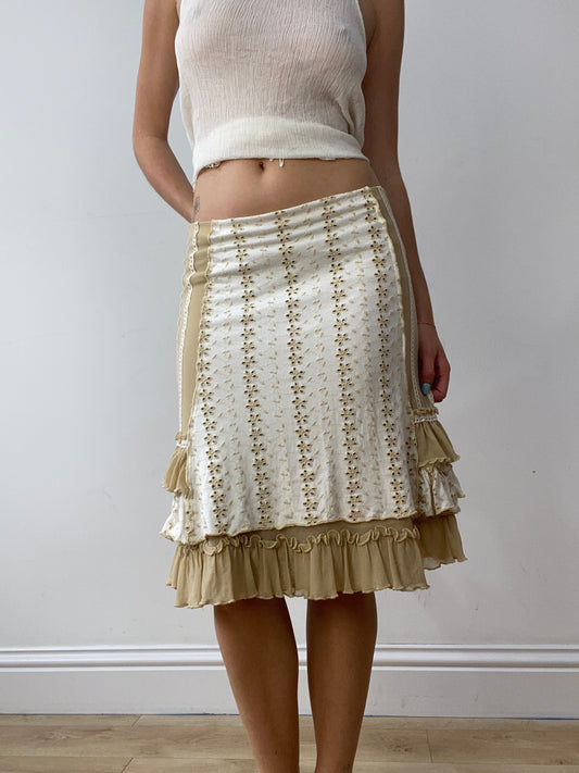vintage edit thirty | small white and tan midi skirt