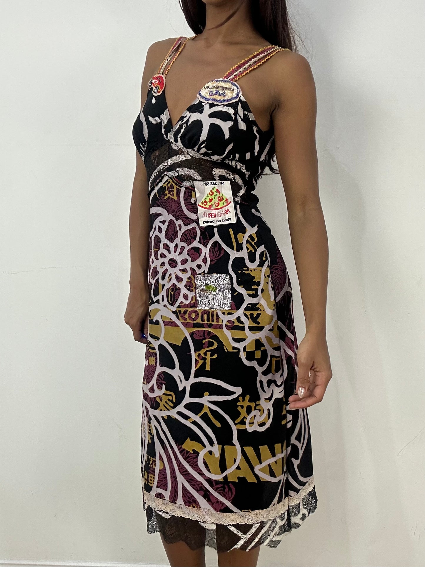 vintage edit thirty-three | small black mesh overlay midi dress with patchwork details