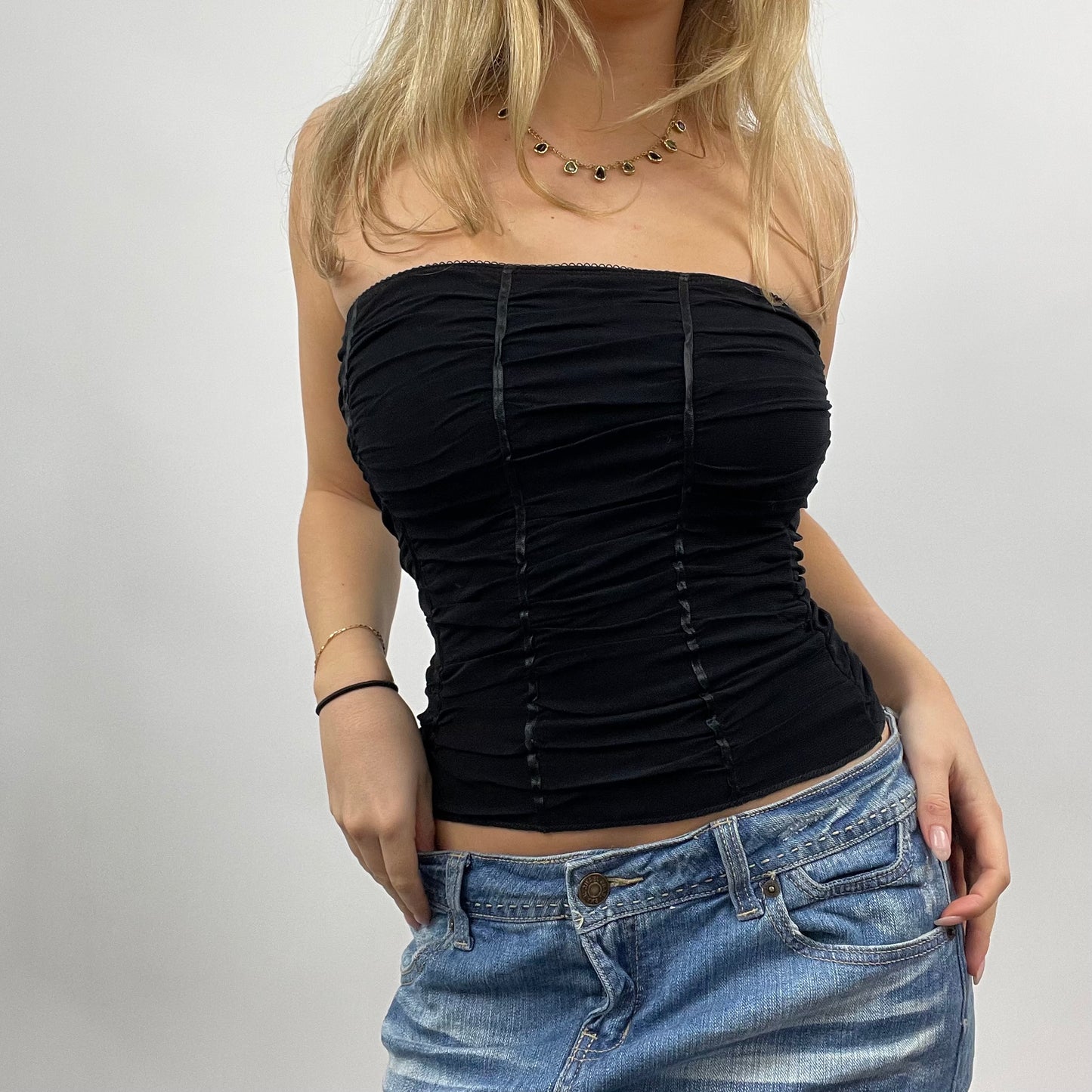 MOB WIFE DROP | small black ruched mesh strapless top