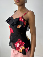 vintage edit thirty-two | small black asymmetric ruffle cami with floral print