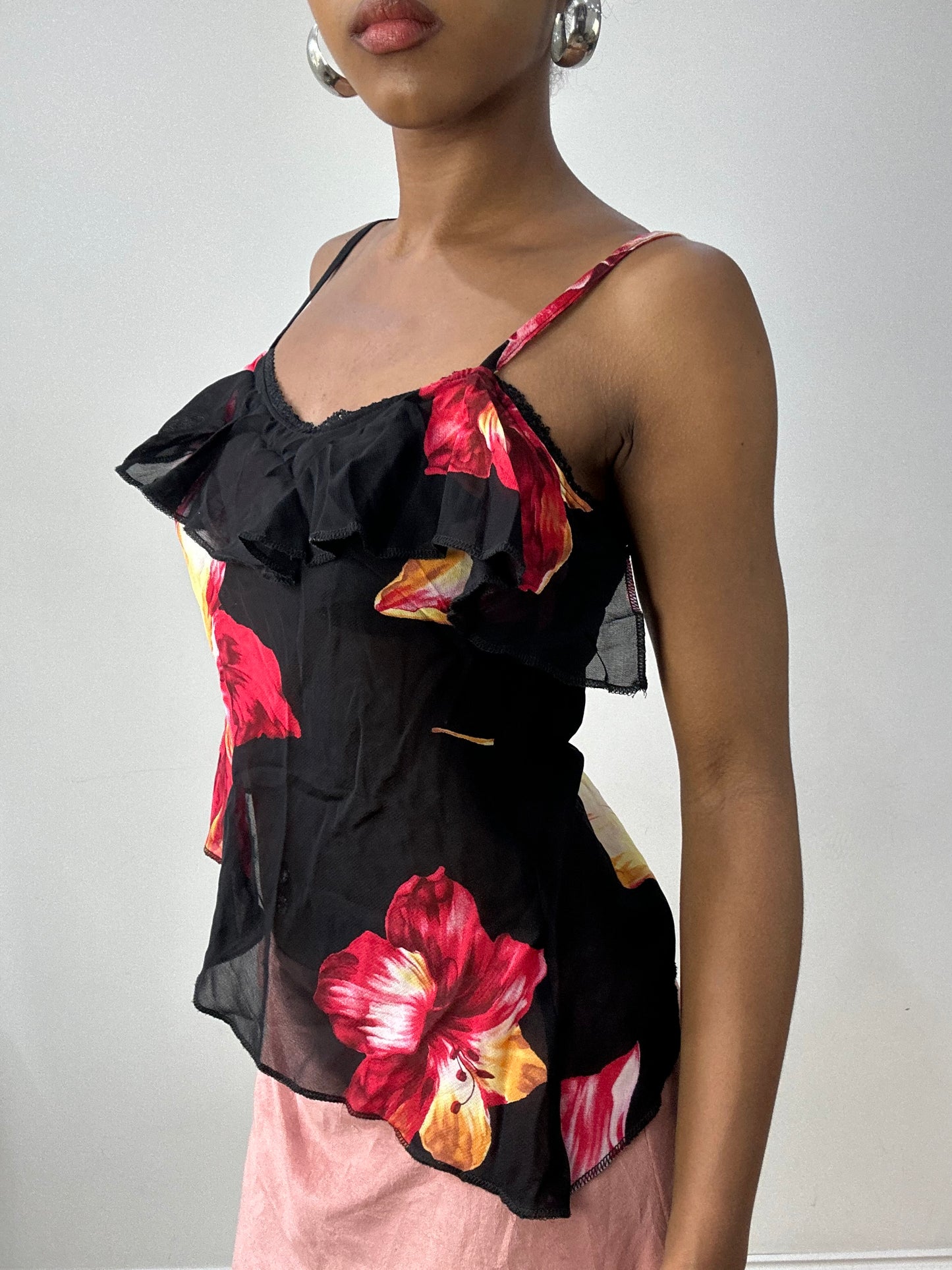 vintage edit thirty-two | small black asymmetric ruffle cami with floral print