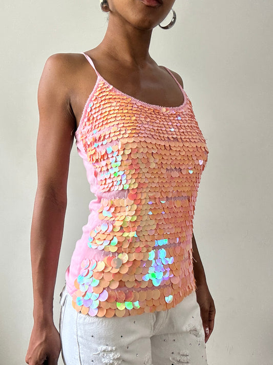 💻💚vintage edit twenty-nine | small pink cami top with iridescent sequin detail