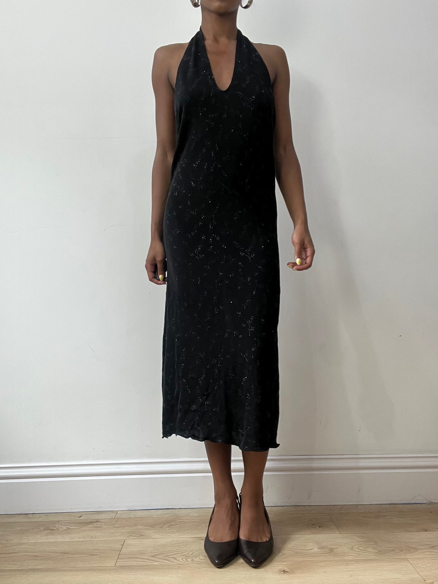 vintage edit thirty-two | medium black halterneck midi dress with silver floral print