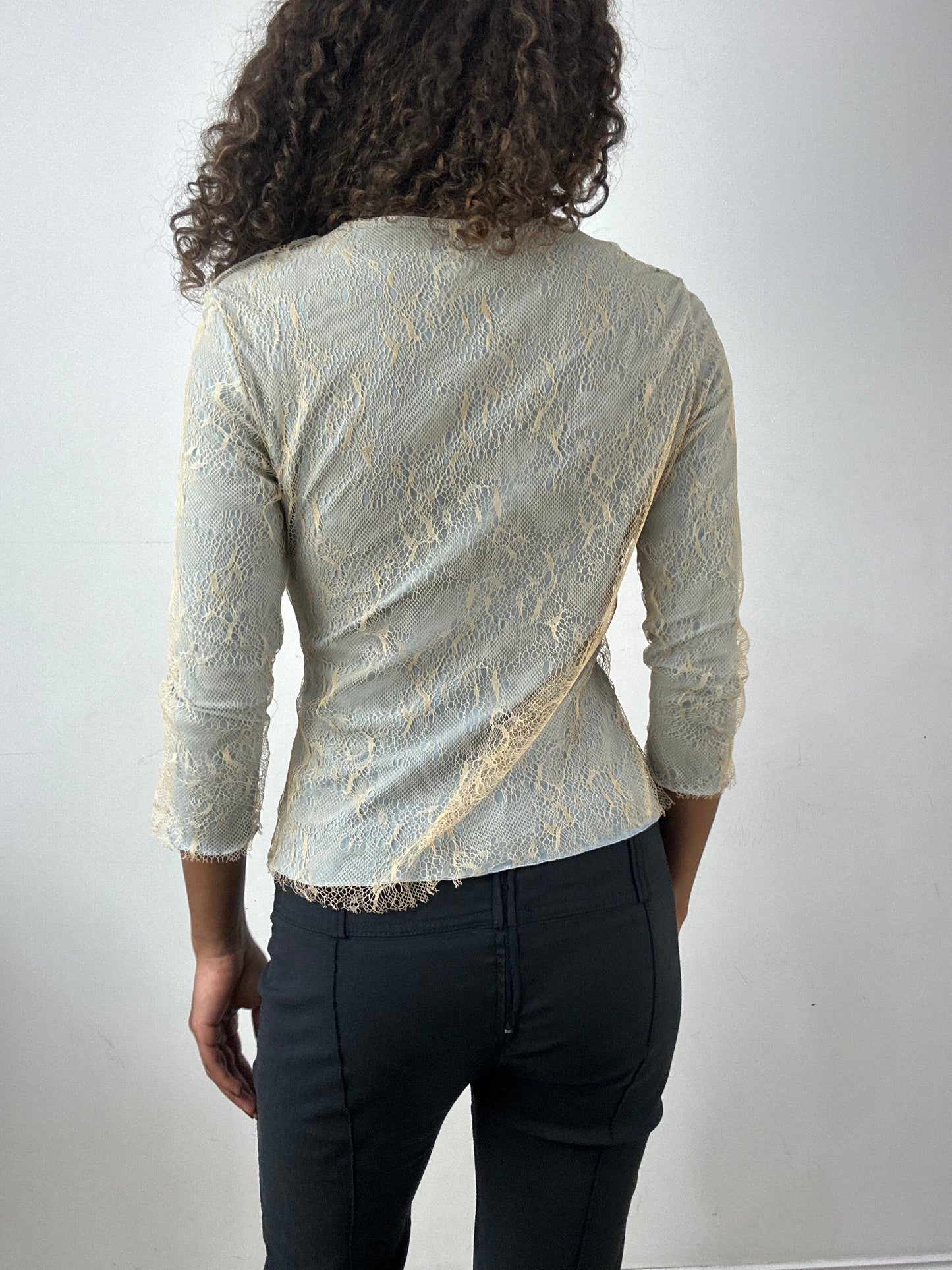 vintage edit thirty-four | small blue button up top with lace overlay