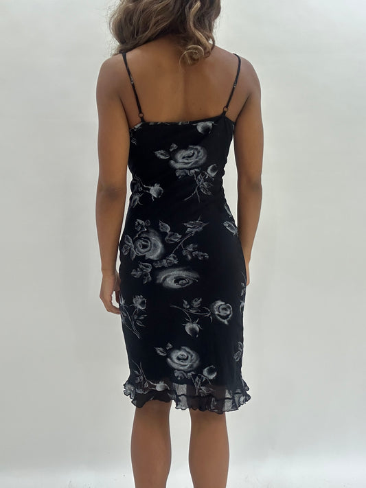 wedding guest drop | small black floral mesh overlay midi dress