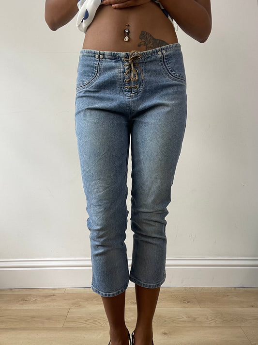 vintage edit twenty-five | small blue cropped capri jeans with lace up detail