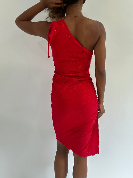 euro trash | small red glitter asymmetrical ruched mini dress