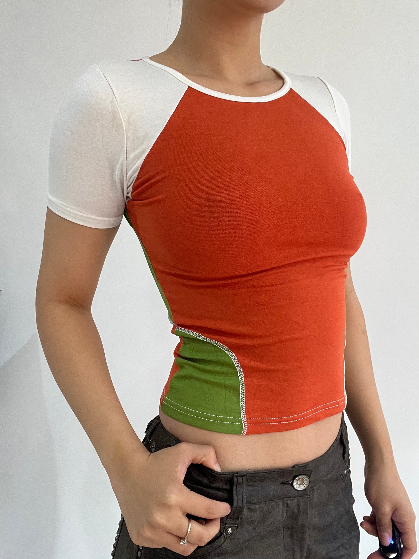 ‼️ | small white orange green splicing t-shirt top