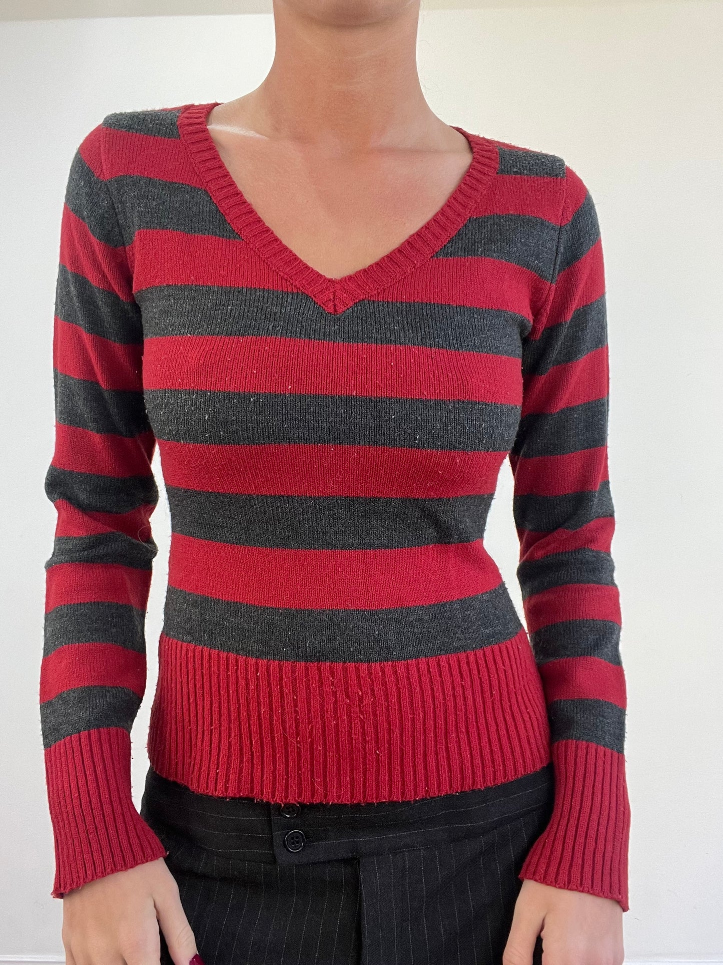 vintage edit thirteen | small red and grey striped v neck jumper