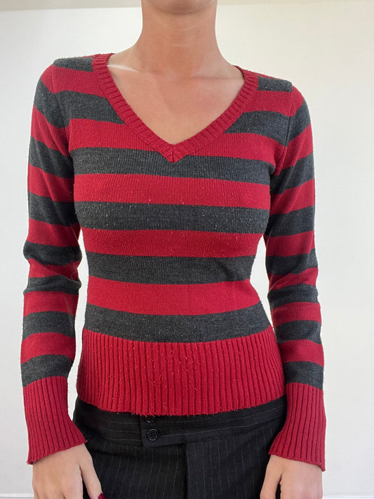 vintage edit thirteen | small red and grey striped v neck jumper
