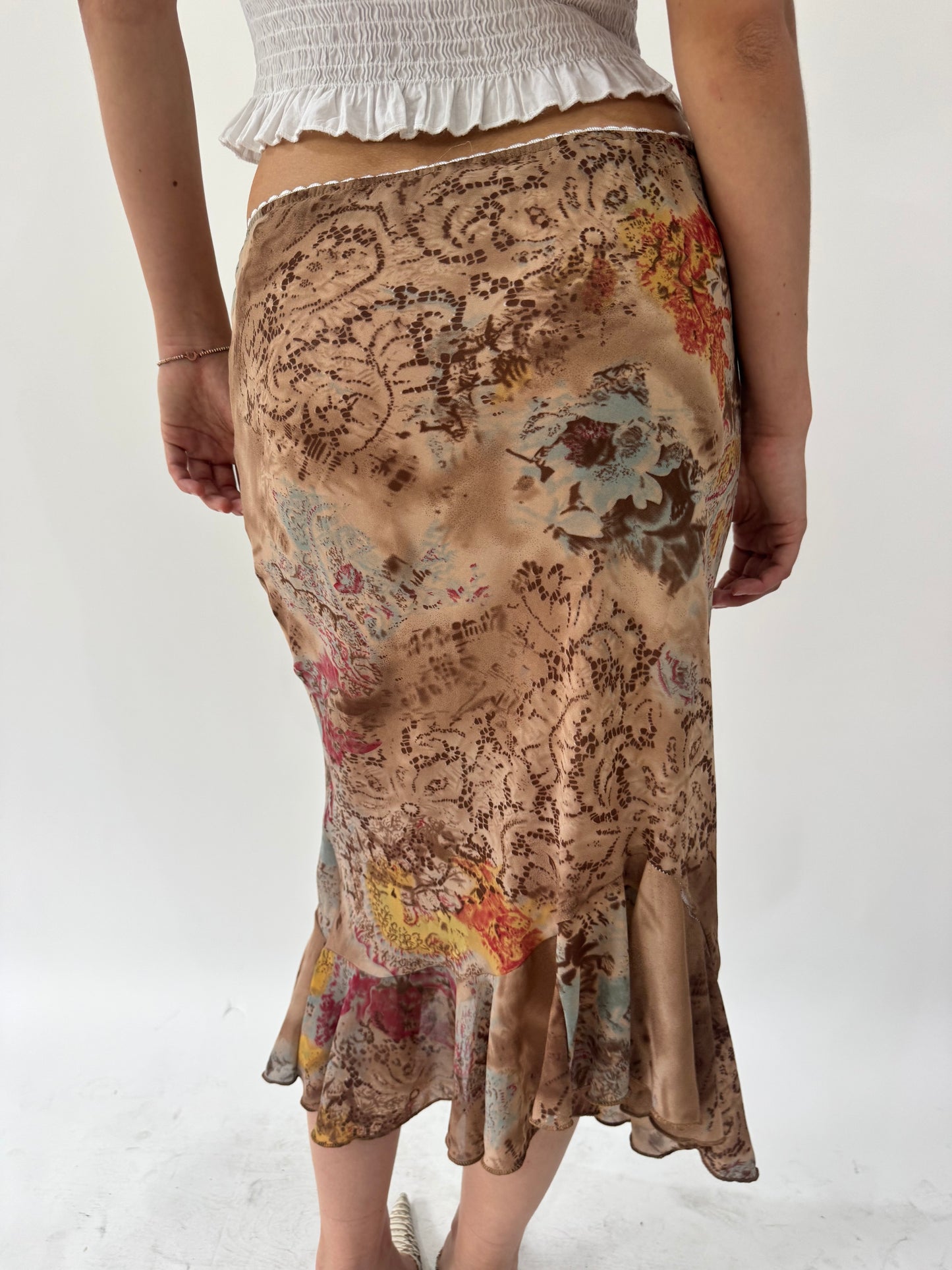 french summer drop | extra small/small brown floral midi skirt