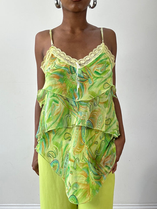 vintage edit twenty-seven | small green ruffle cami top with lace detail