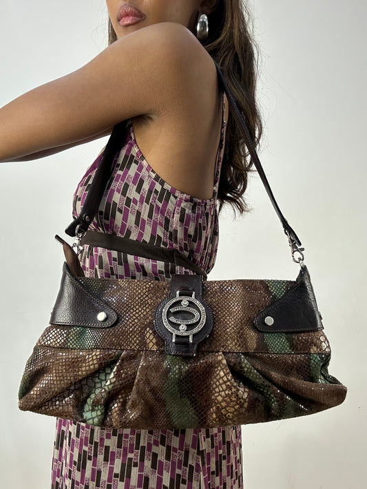 vintage edit: indie sleaze | brown and green baguette shoulder bag with snake print pattern