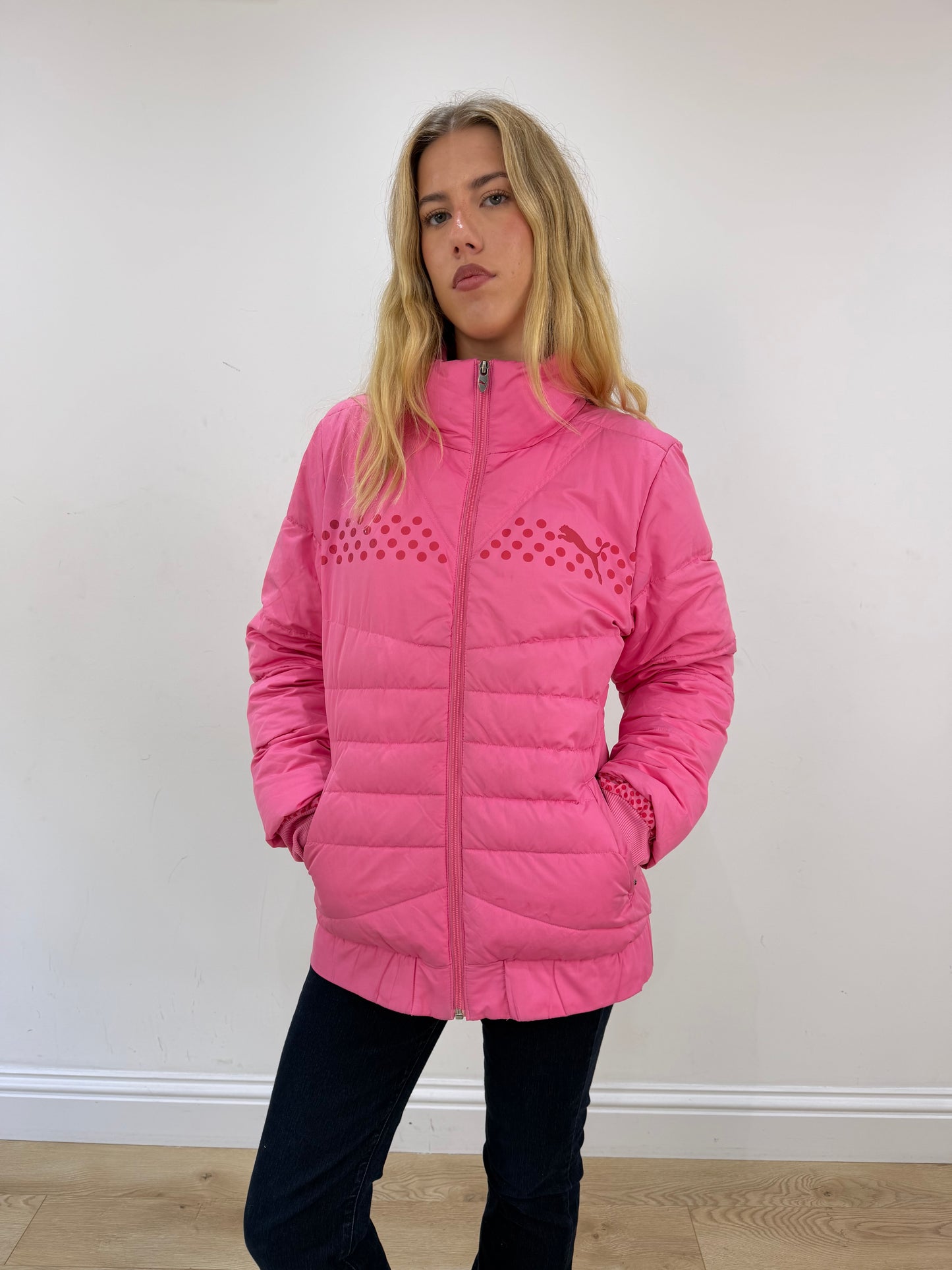 large pink puma puffer coat