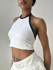 💻‼️ small white halter neck crop top with black trim