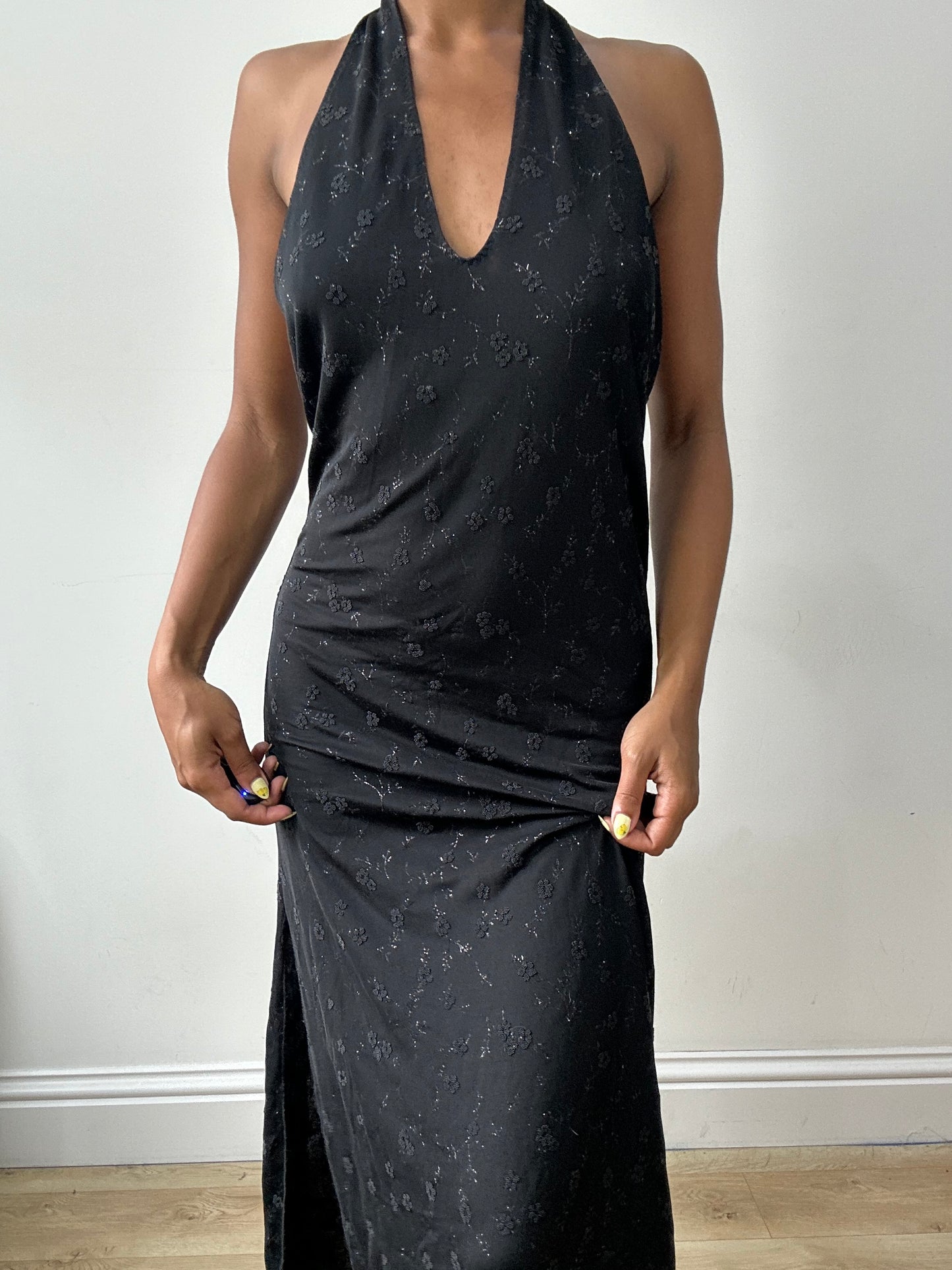 vintage edit thirty-two | medium black halterneck midi dress with silver floral print