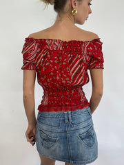 💻COACHELLA DROP | small red sheer off the shoulder top with white abstract floral pattern
