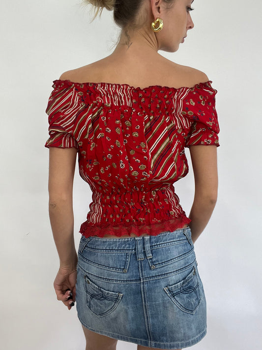 💻COACHELLA DROP | small red sheer off the shoulder top with white abstract floral pattern