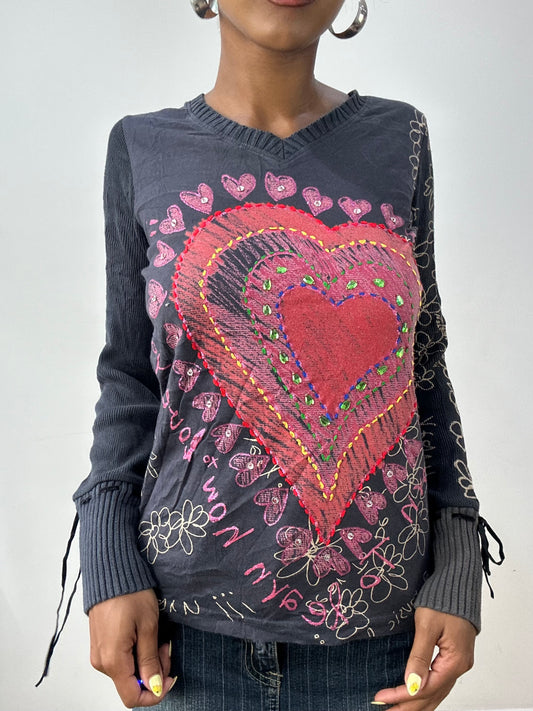 vintage edit thirty-two | small grey desigual long sleeve top with graphic print