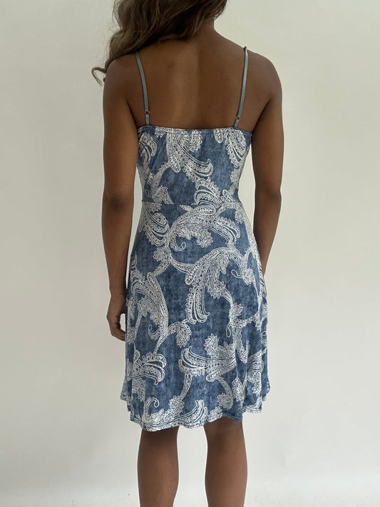 wedding guest drop | small blue patterned mini dress