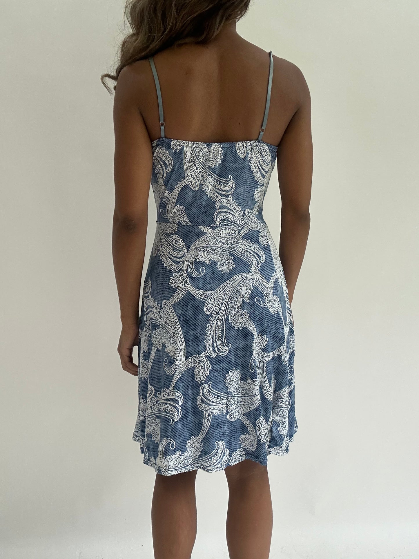 wedding guest drop | small blue patterned mini dress