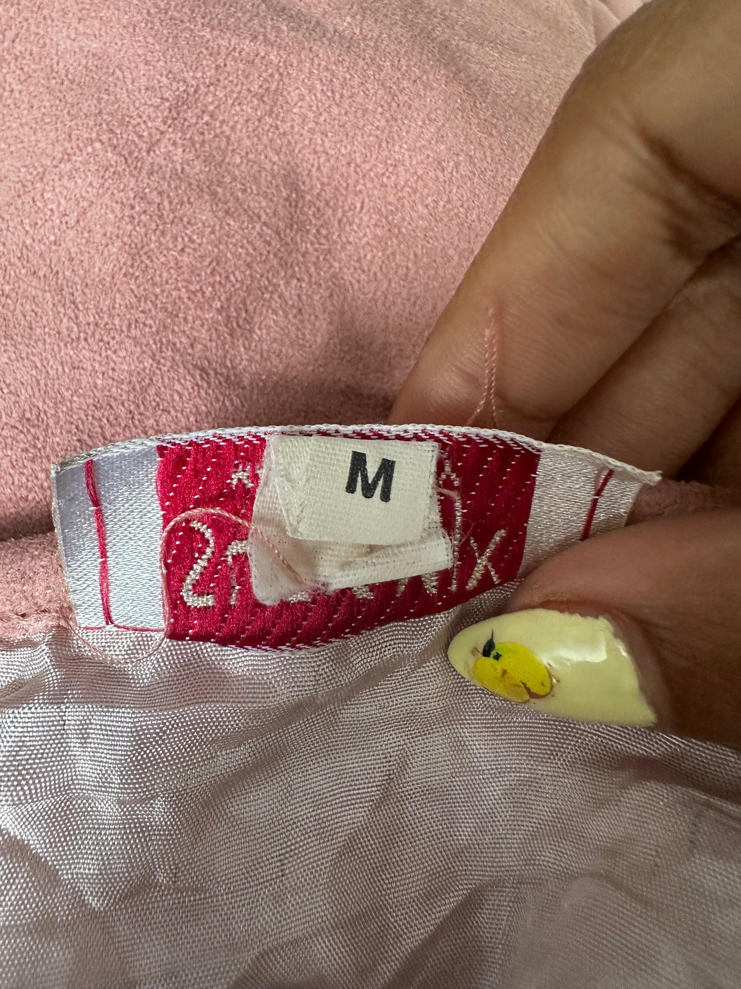 vintage edit thirty-two | medium pink suede style asymmetric midi skirt